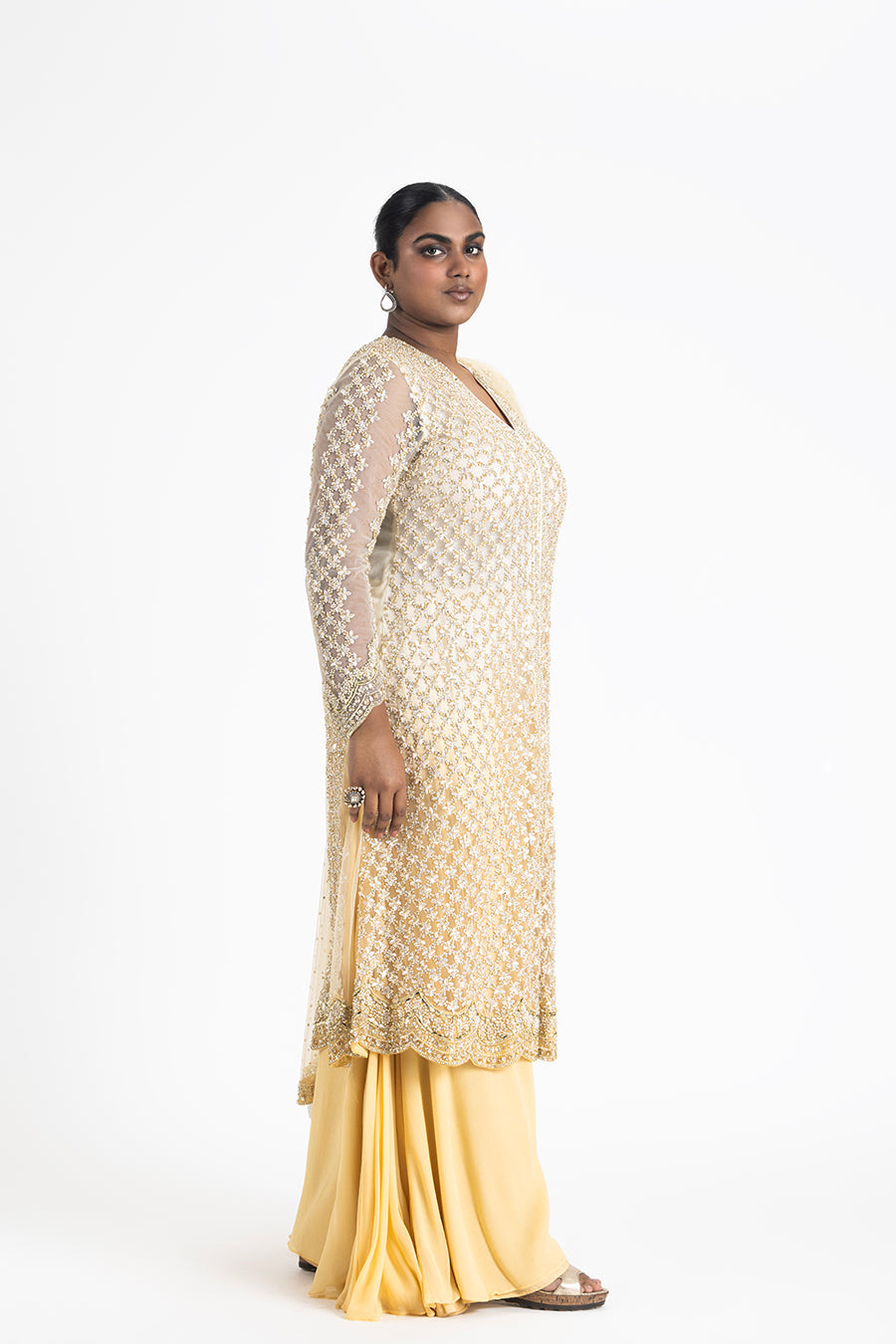 Gold Ombre Net Jacket With Sharara Set