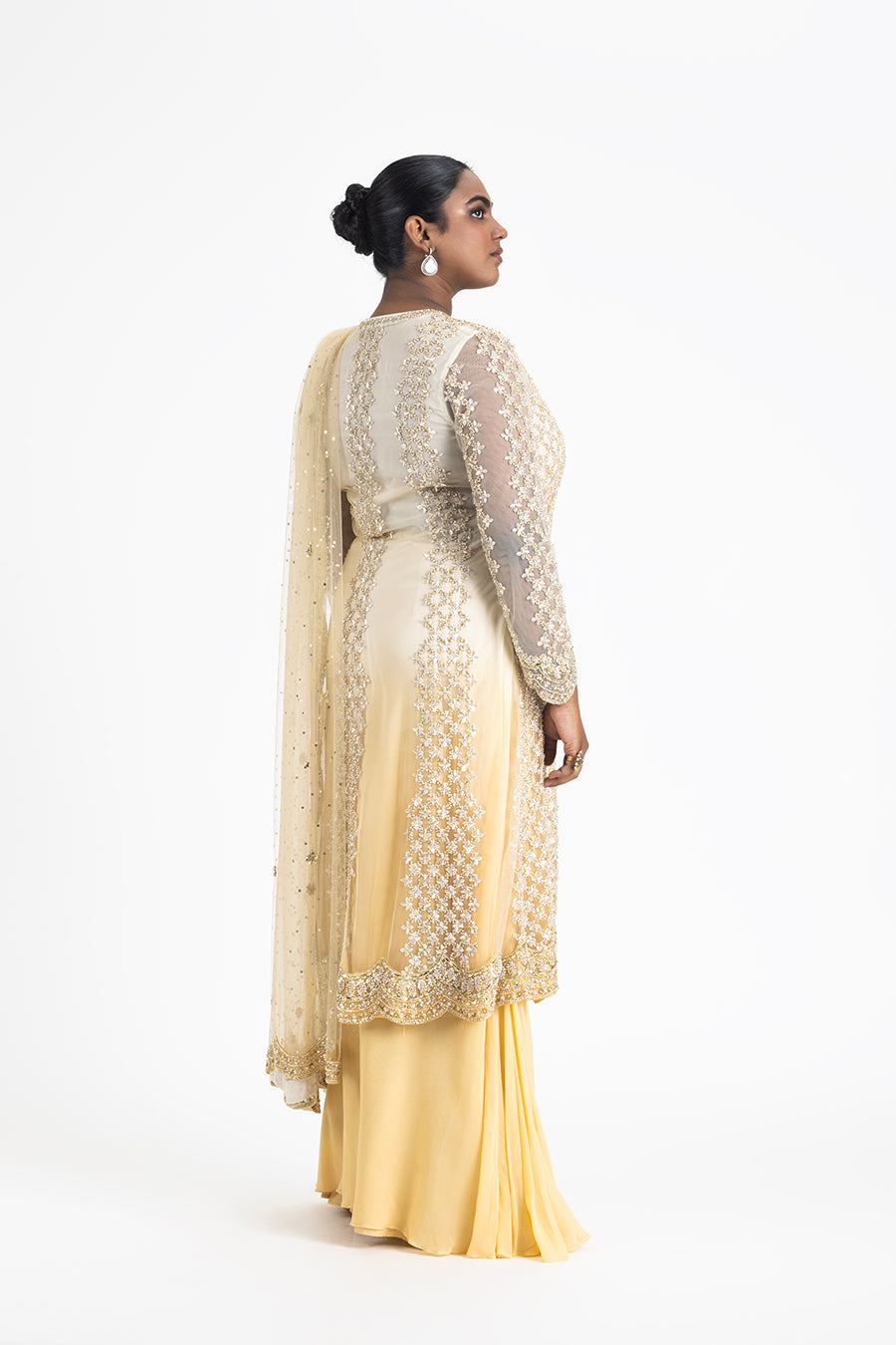 Gold Ombre Net Jacket With Sharara Set