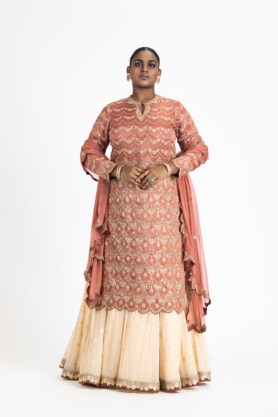 Rust Kurta With Cream Lehenga Set