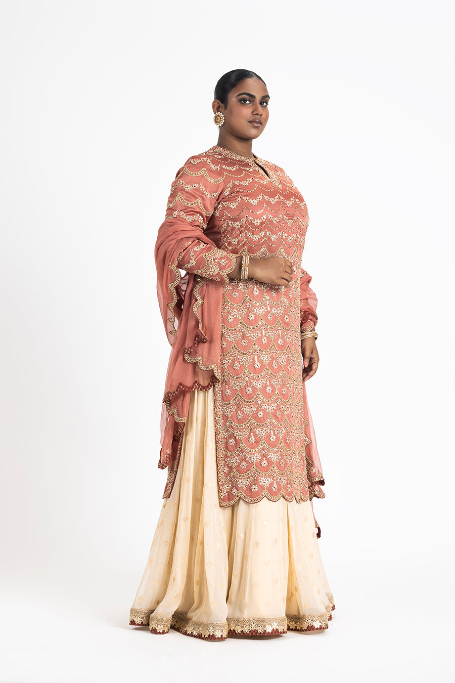 Rust Kurta With Cream Lehenga Set