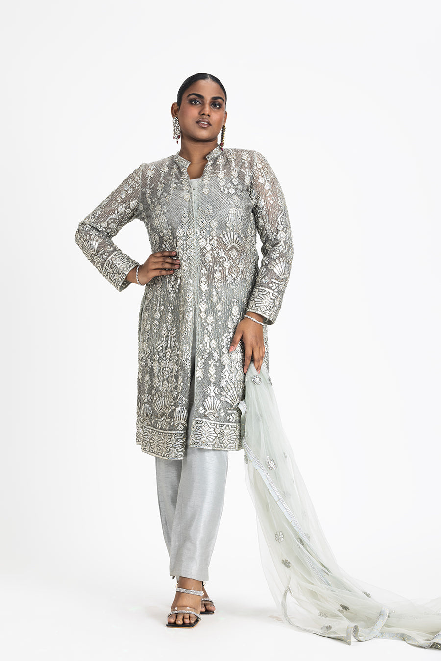 Grey Net Jacket And Dupatta With Bustier And Trouser