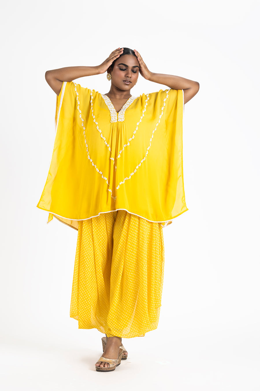 Yellow Georgette Tunic With Printed Georgette Cowl Salwar