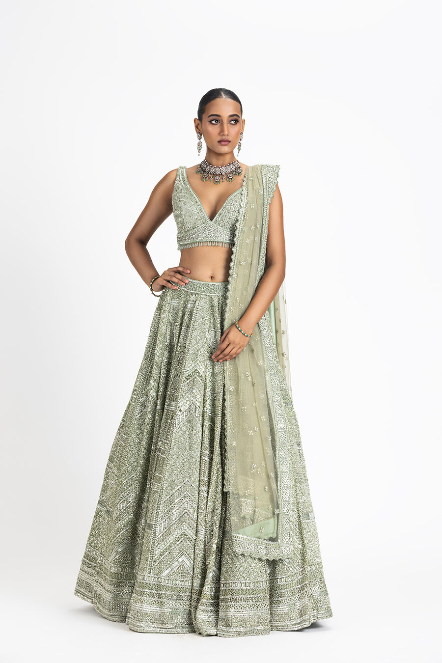 Sage Green Tulle Lehenga Set