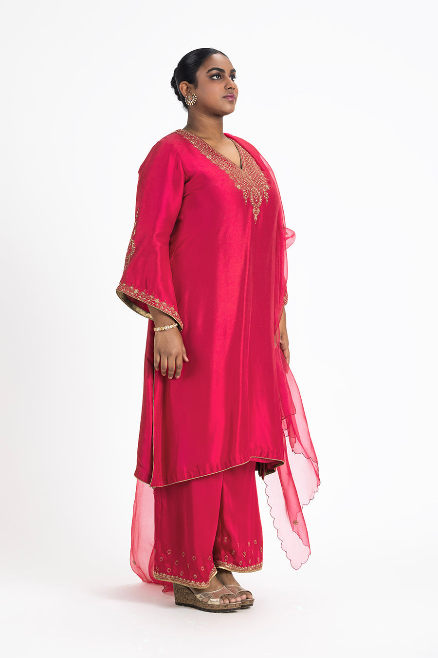 Red Dupion Kurta With Satin Palazo