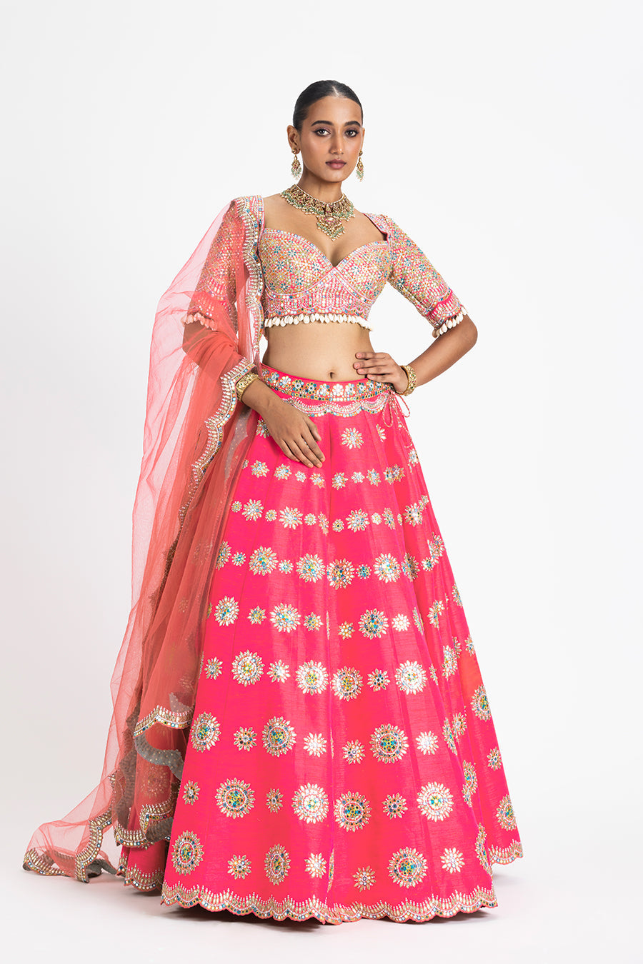 Coral Pink Raw Silk Embroidered Lehenga Set