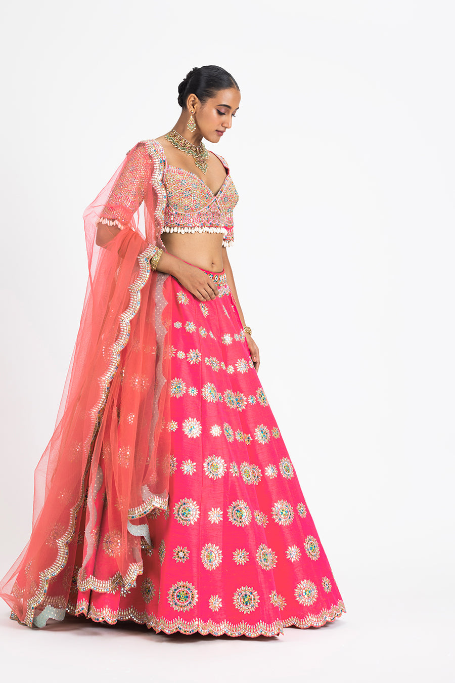 Coral Pink Raw Silk Embroidered Lehenga Set