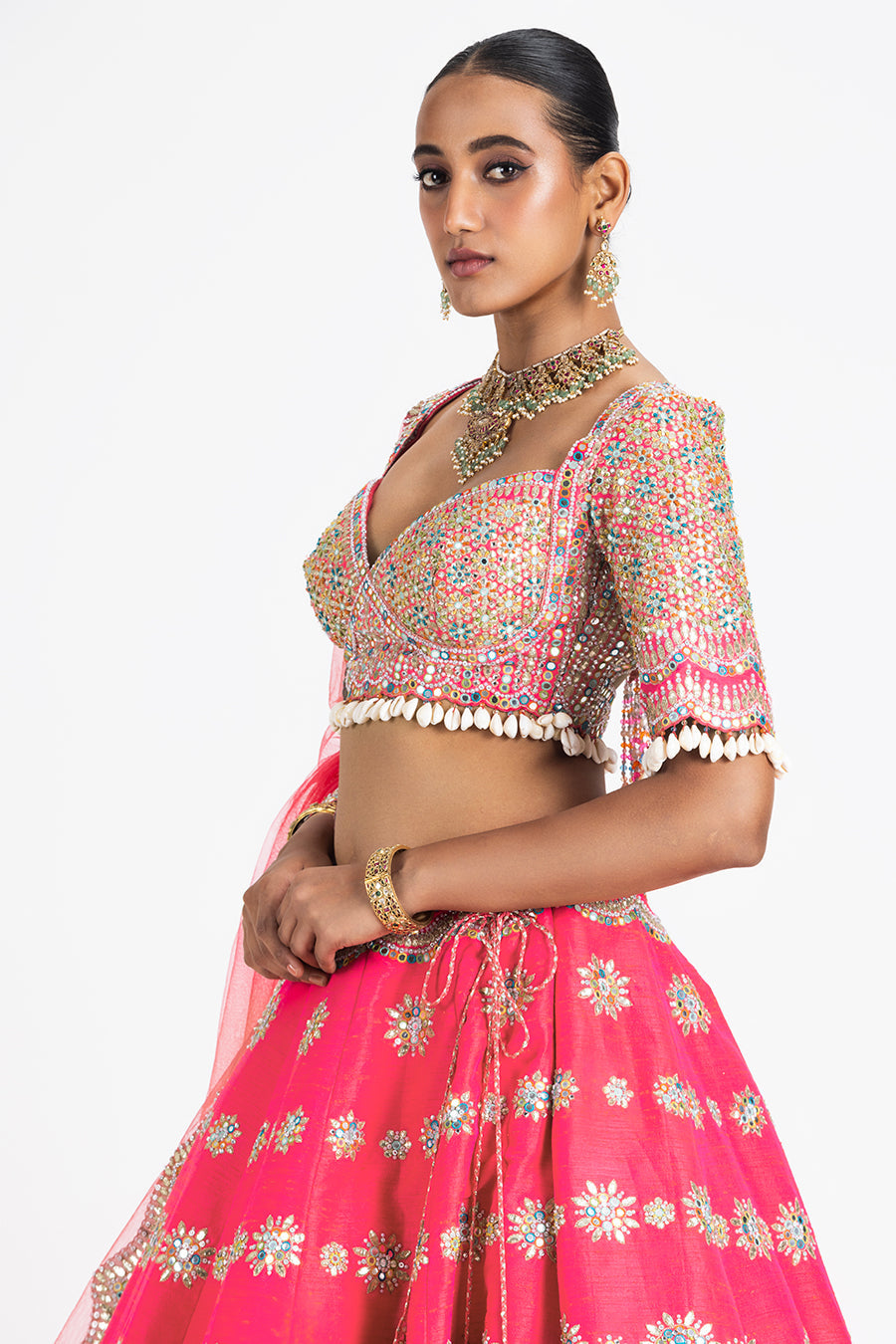 Coral Pink Raw Silk Embroidered Lehenga Set