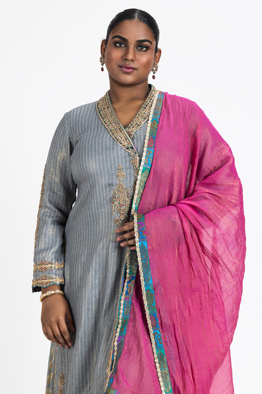 Grey Angrakha Style Kurta With Panneled Sharara And Tissue Dupatta