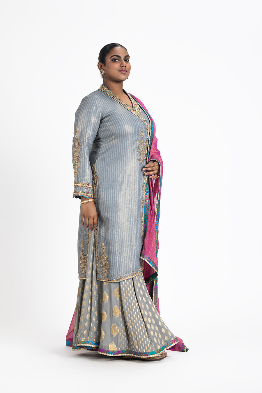 Grey Angrakha Style Kurta With Panneled Sharara And Tissue Dupatta