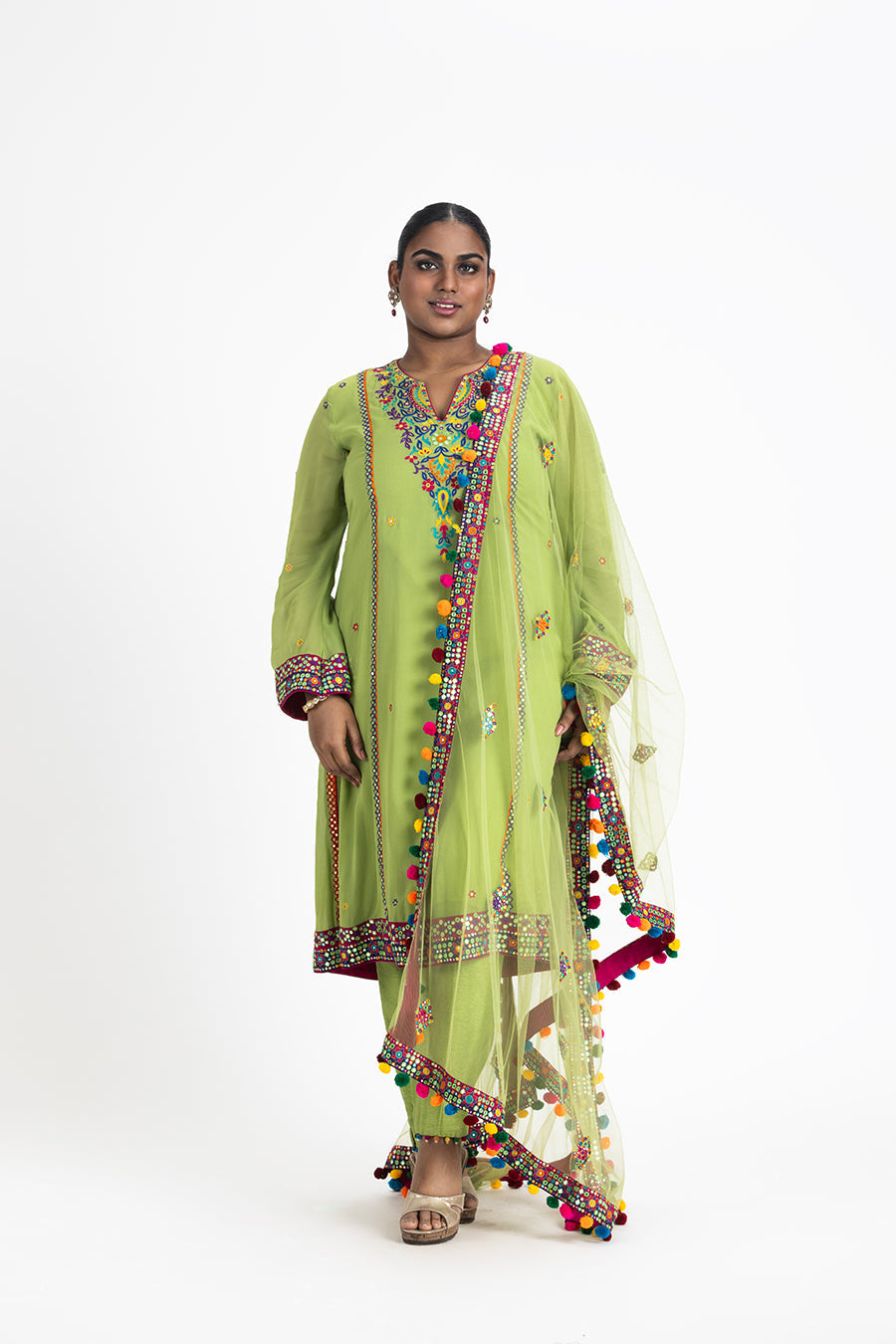 Lime Green Georgette Kurta With Raw Silk Trouser And Net Dupatta