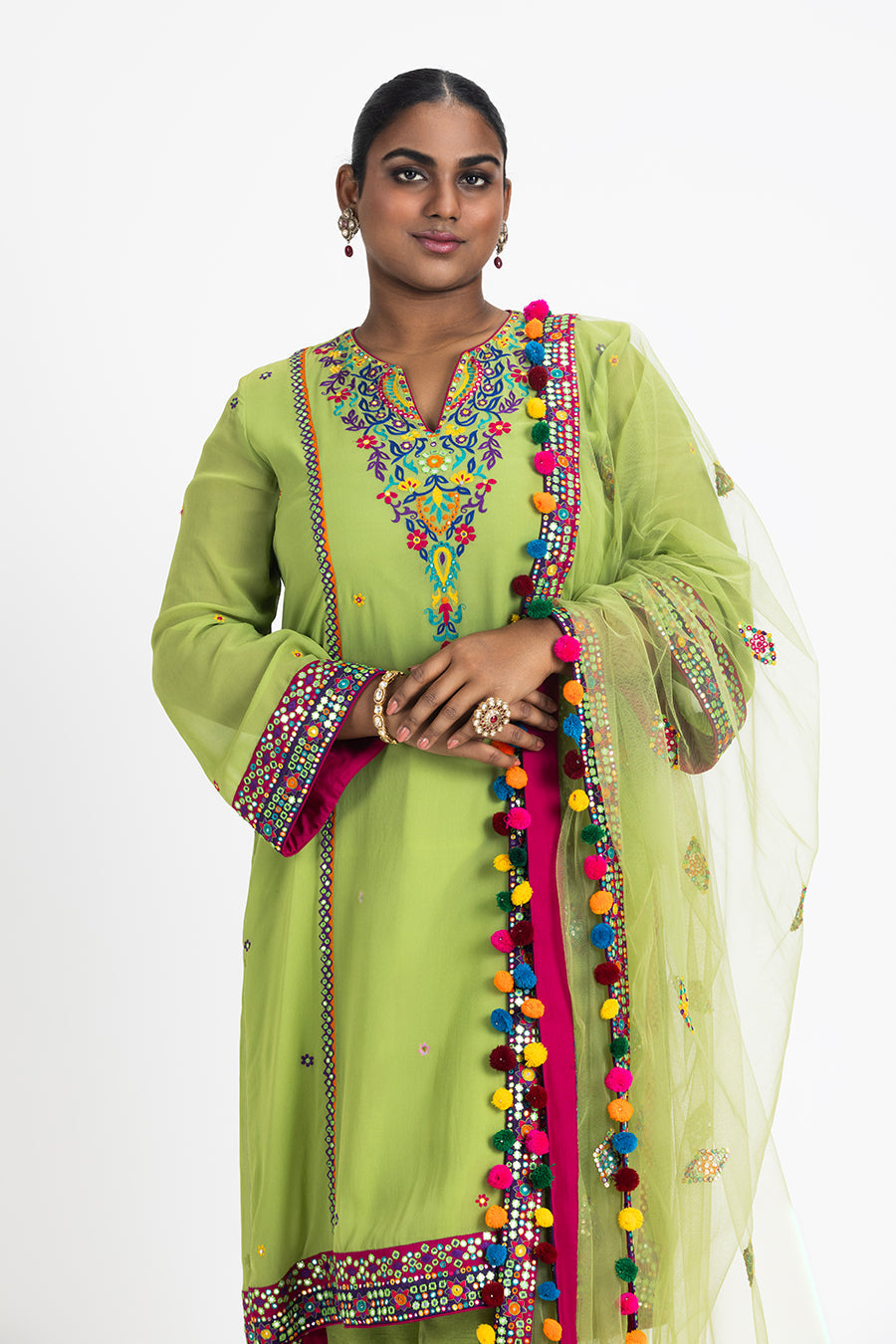 Lime Green Georgette Kurta With Raw Silk Trouser And Net Dupatta