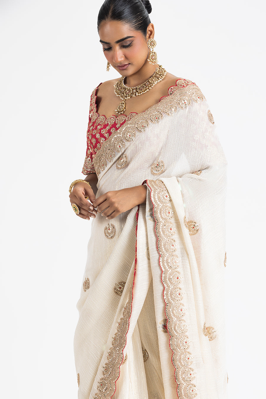 Ivory Ggt Saree With Brocade Blouse