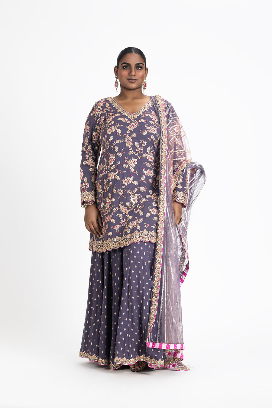 Purple Georgette Kurta Benarsi Sharara And Organza Dupatta Set