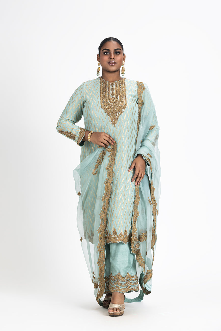 Aqua Benarsi Kurta Raw Silk Palazo Organza Odhini