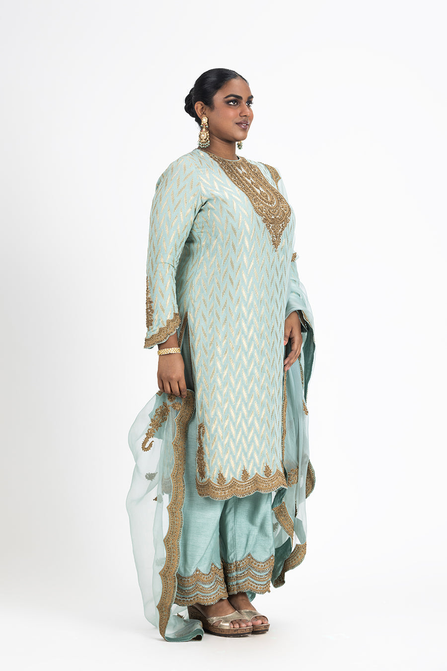 Aqua Benarsi Kurta Raw Silk Palazo Organza Odhini