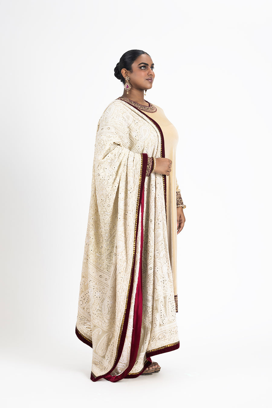 Beige Velvet Kurta Palazzo With Chikankari Dupatta