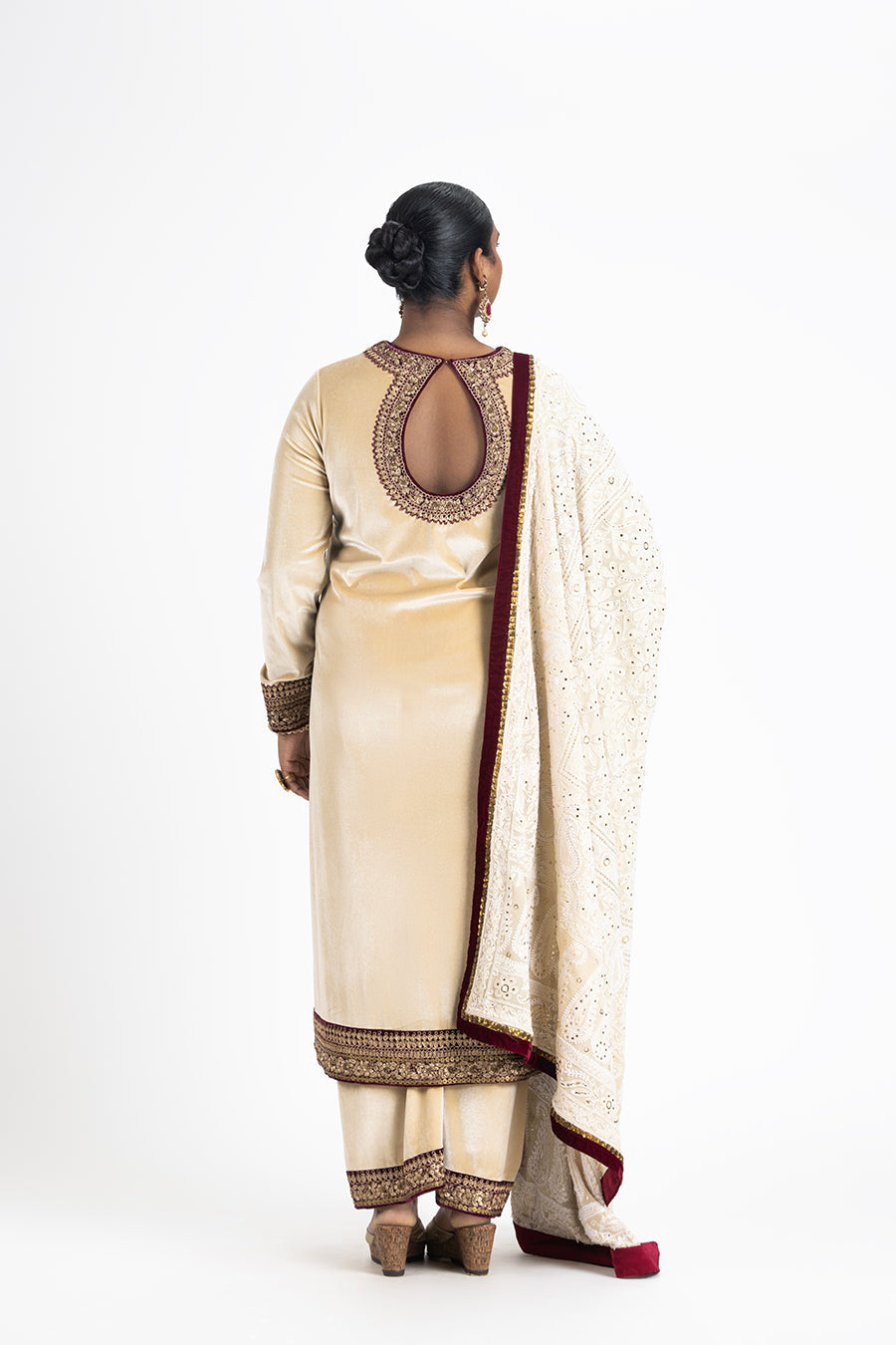 Beige Velvet Kurta Palazzo With Chikankari Dupatta