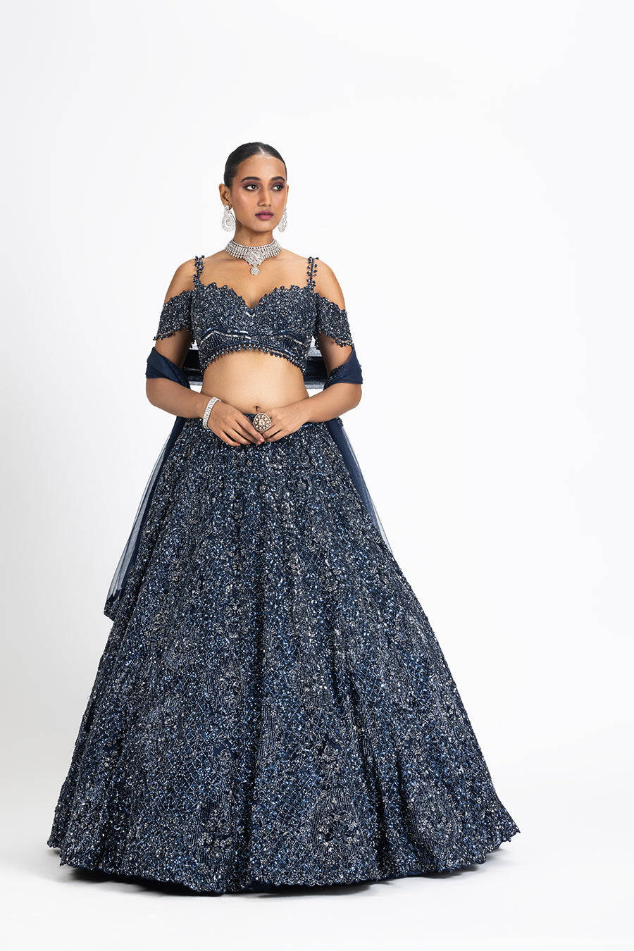 Navy Blue Net Lehenga Set