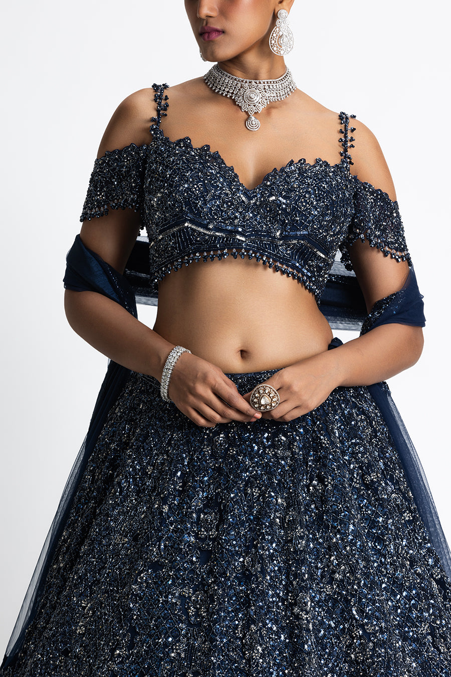 Navy Blue Net Lehenga Set