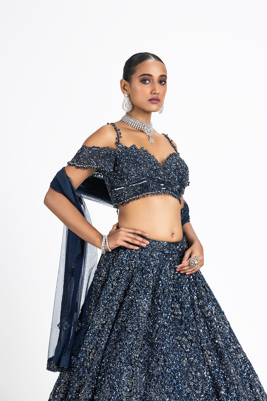 Navy Blue Net Lehenga Set