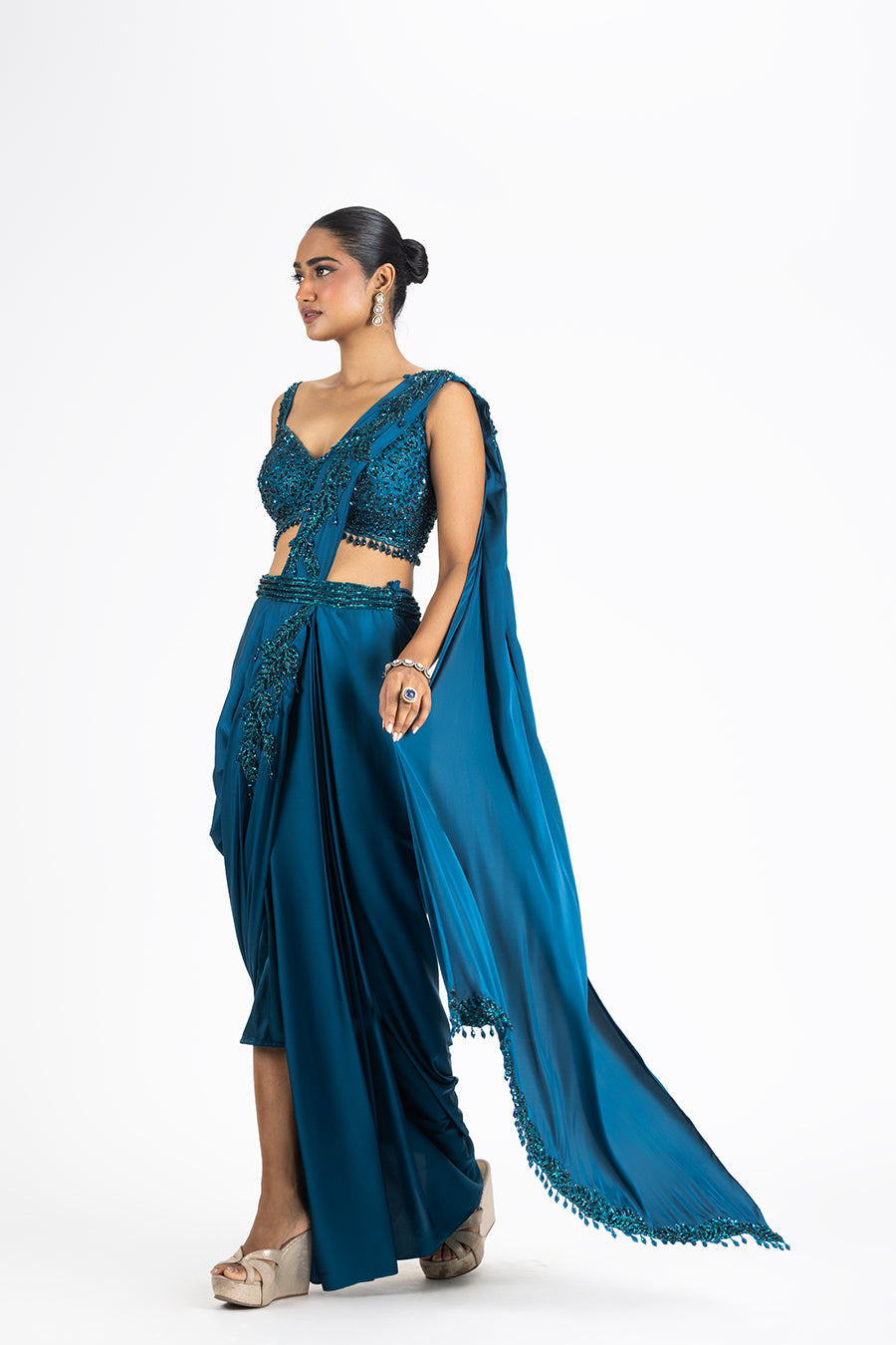 Peacock Blue Satin Draped Saree