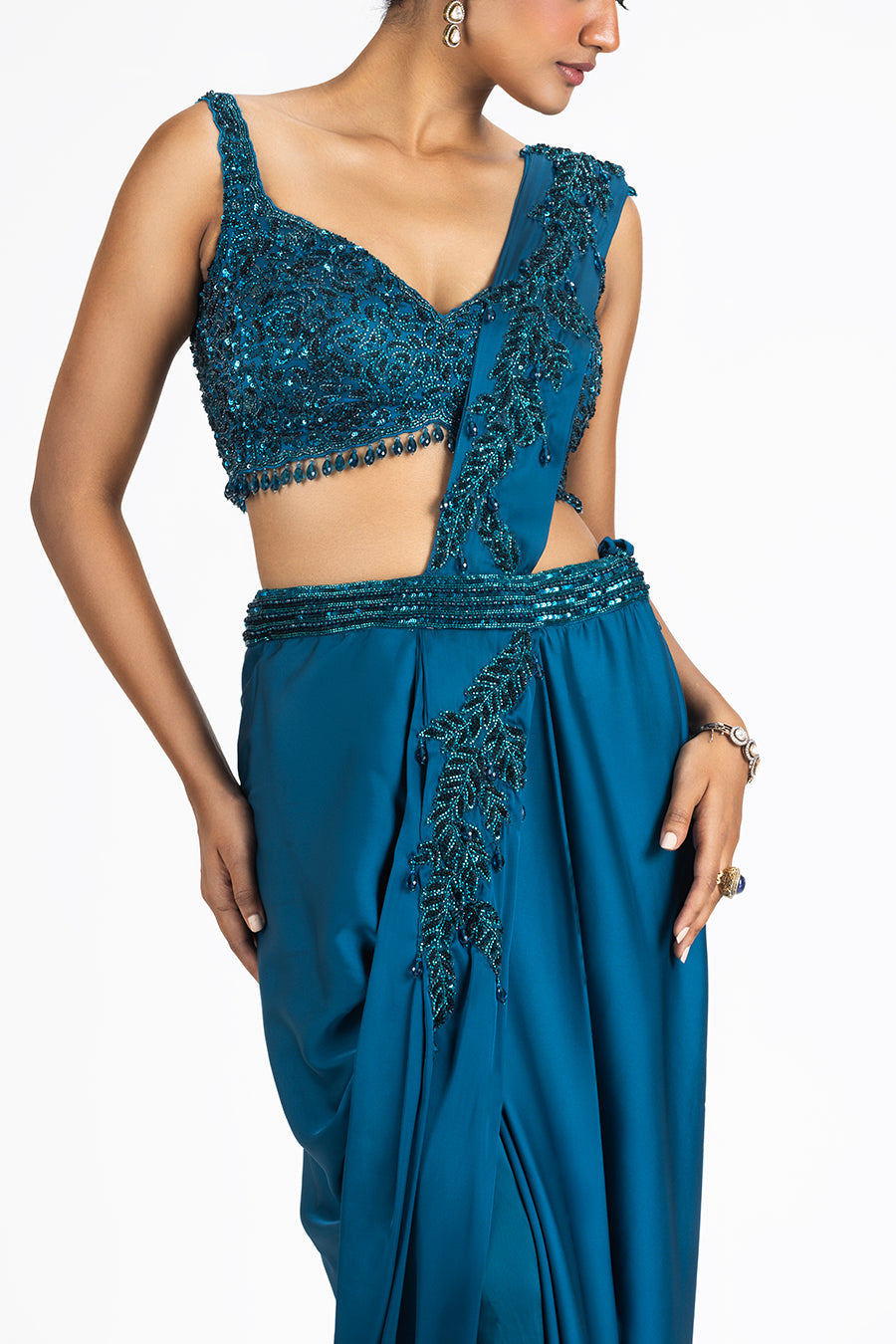 Peacock Blue Satin Draped Saree