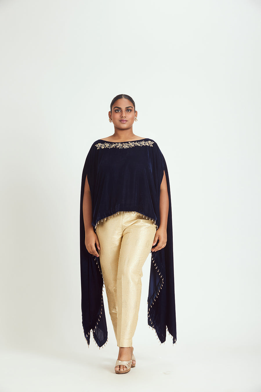 Navy Velvet Poncho Brocade Trouser Set