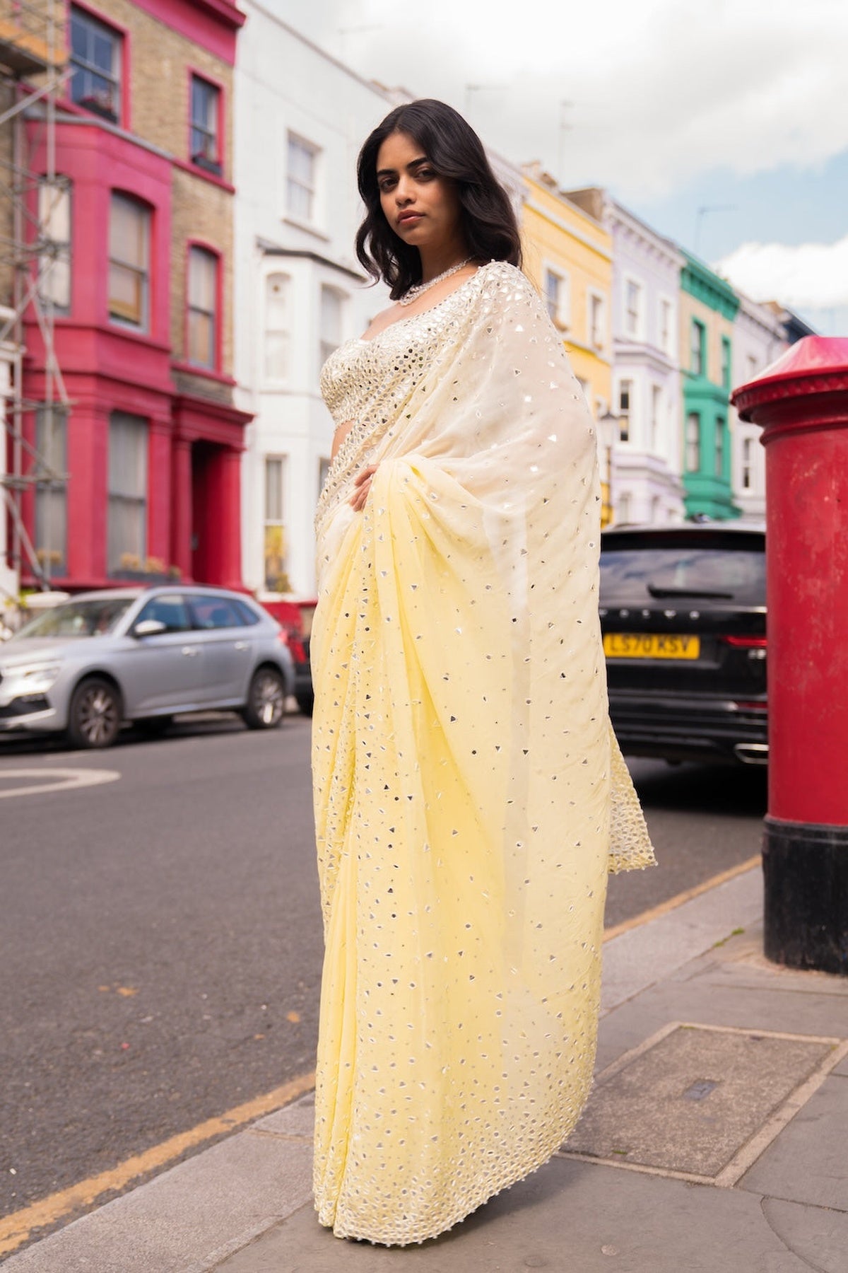 OmbrÃ© Lemon Mirror Work Saree