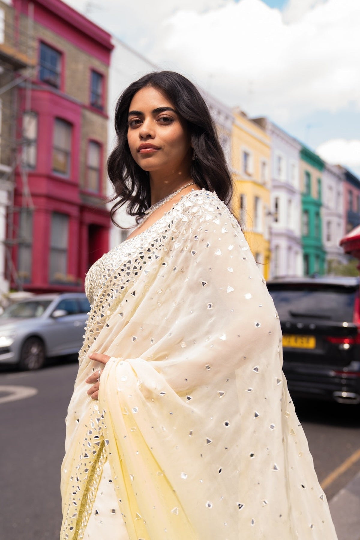 OmbrÃ© Lemon Mirror Work Saree