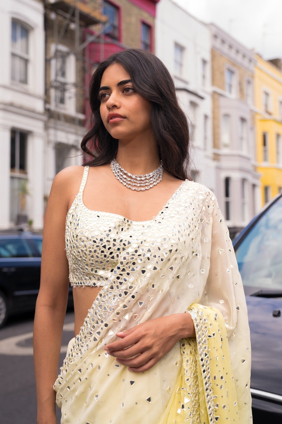 OmbrÃ© Lemon Mirror Work Saree
