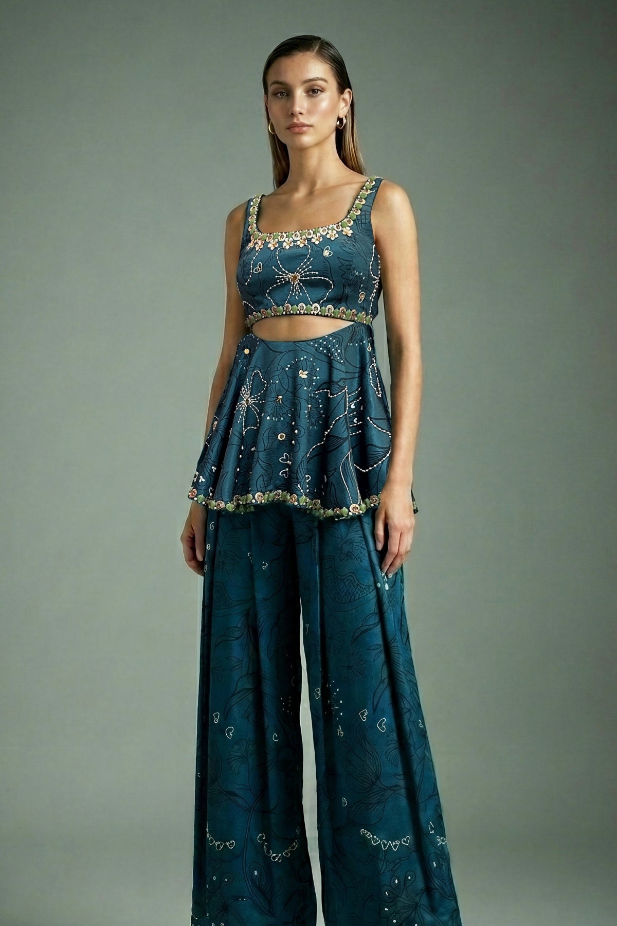 The Teal Painterly Peplum Pant Set