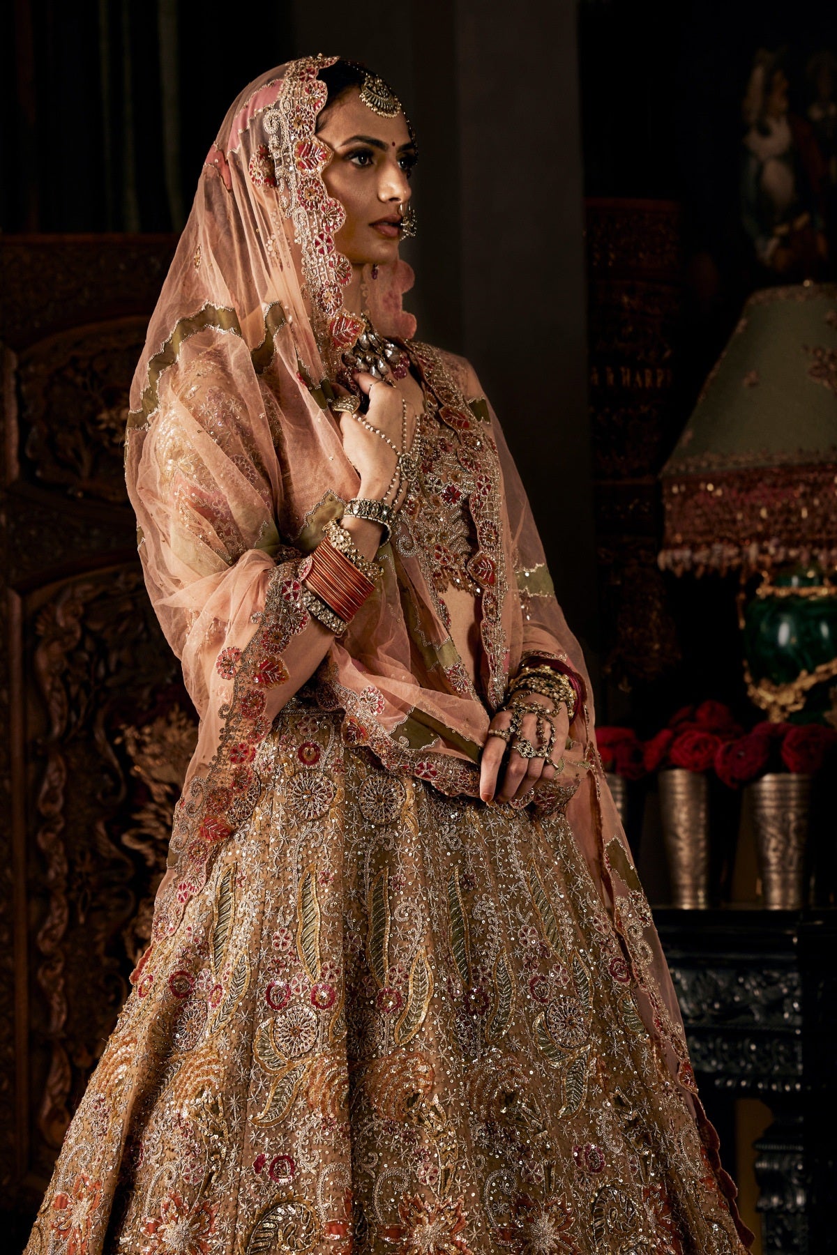 Peach Gold Tulle Lehenga