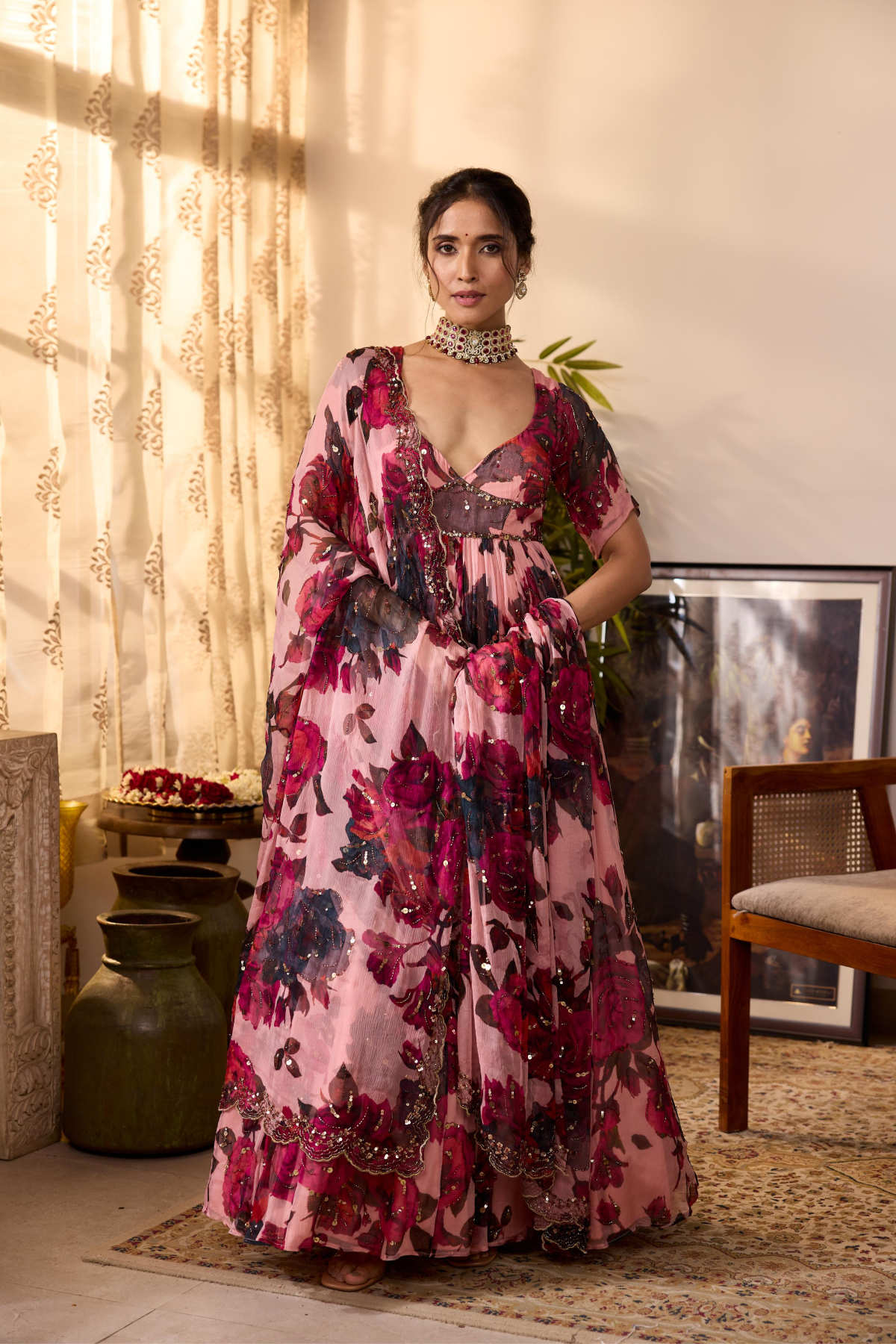 PEACH PINK CHIFFON FLORAL ANARKALI