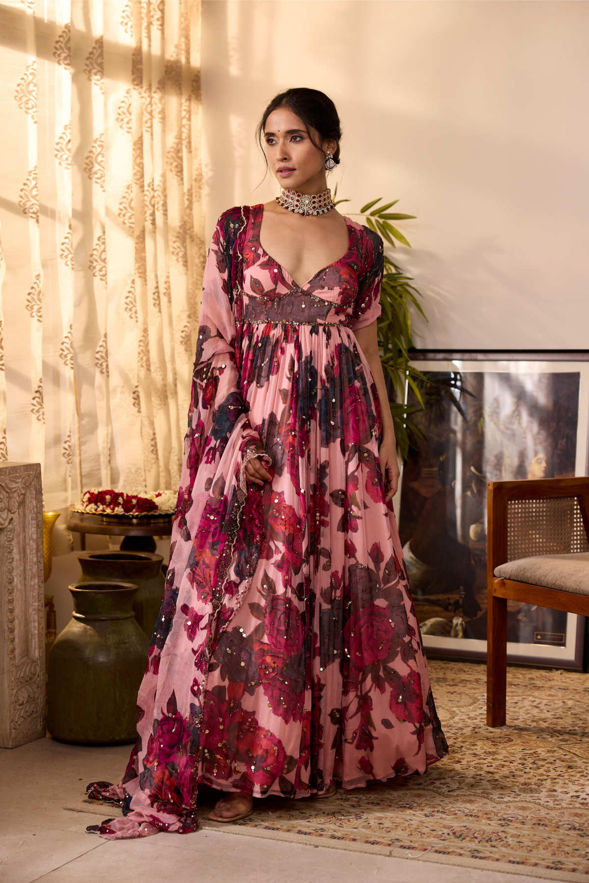 PEACH PINK CHIFFON FLORAL ANARKALI
