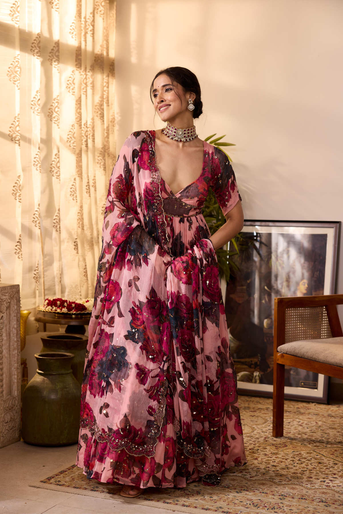 PEACH PINK CHIFFON FLORAL ANARKALI