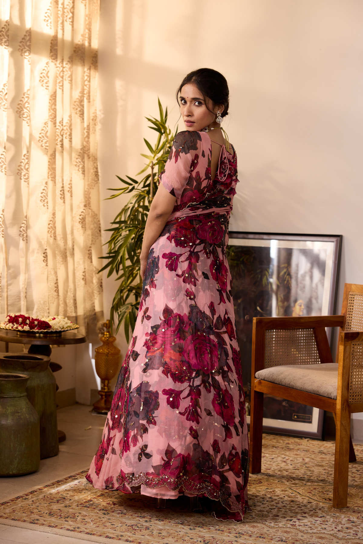PEACH PINK CHIFFON FLORAL ANARKALI