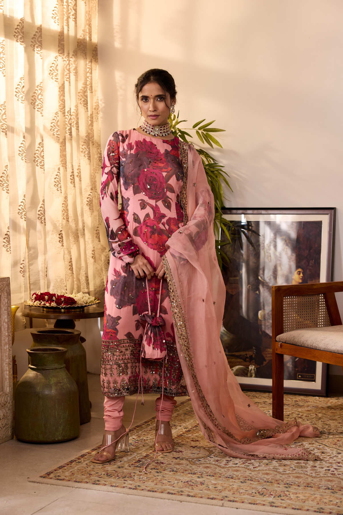 PEACH PINK CHIFFON FLORAL KURTI