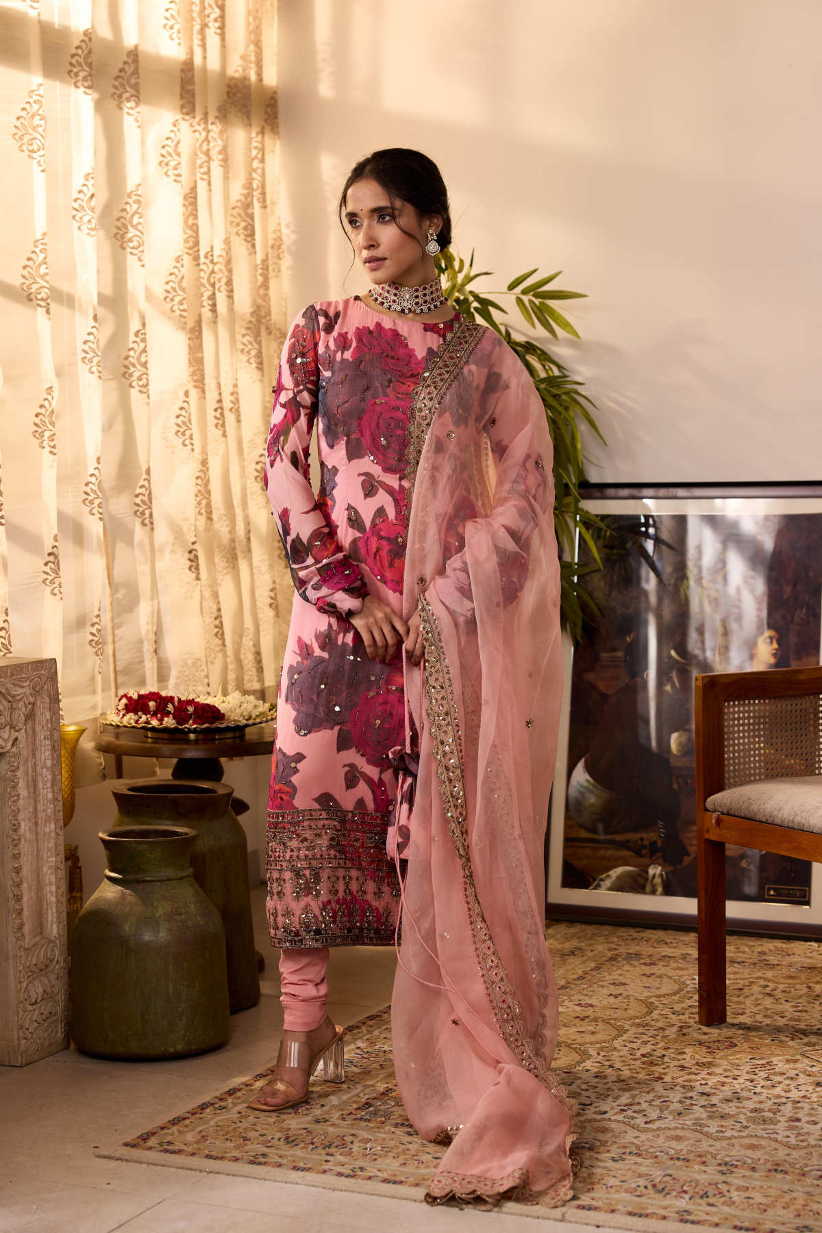 PEACH PINK CHIFFON FLORAL KURTI