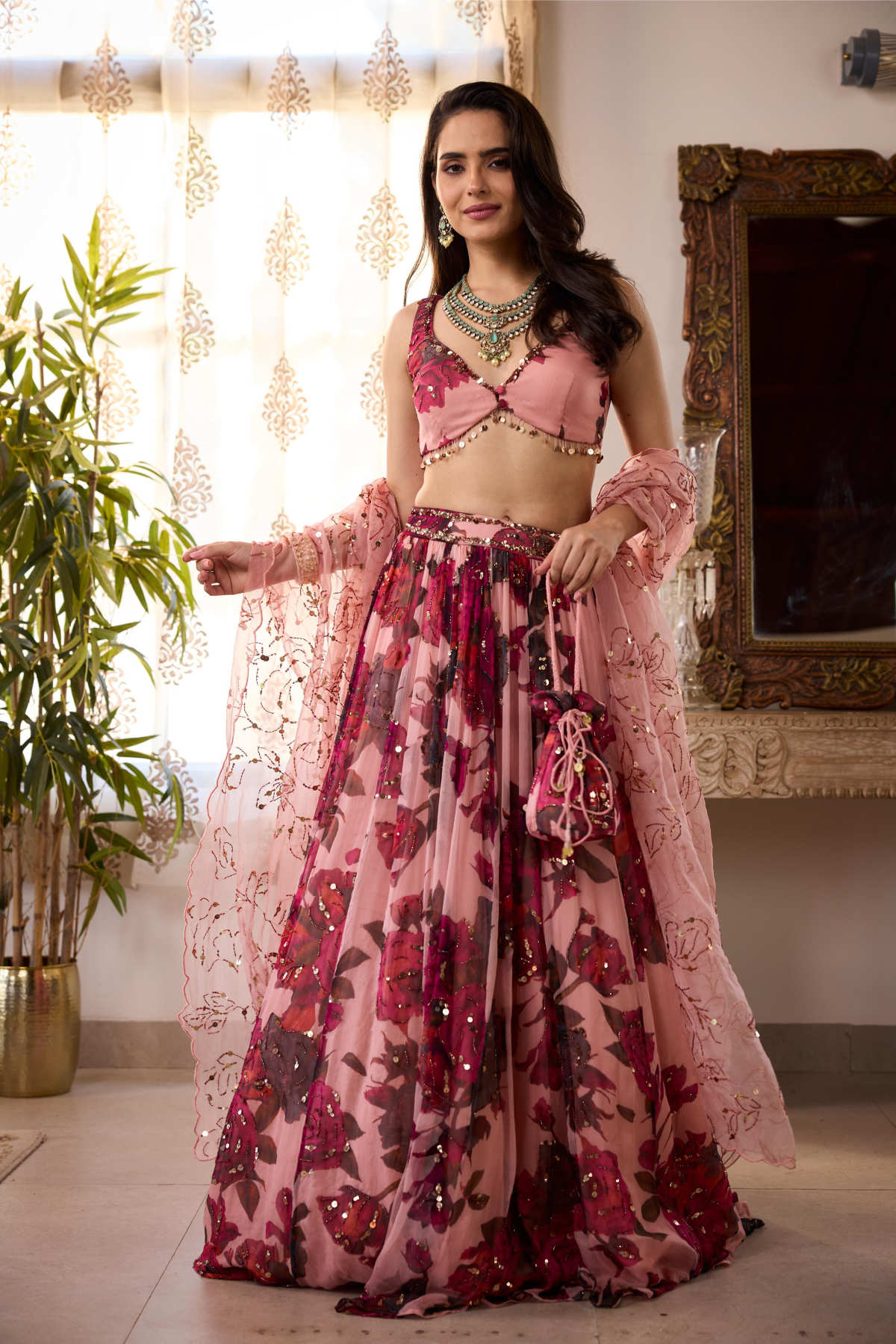 PEACH PINK CHIFFON FLORAL LEHENGA
