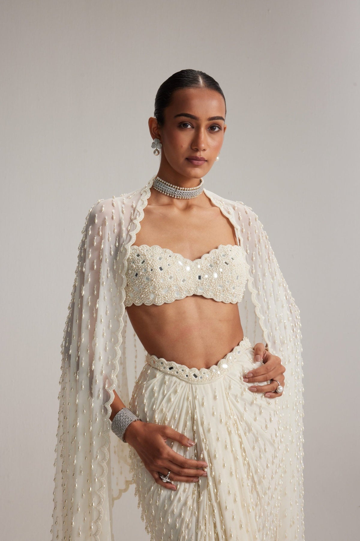 Off White Dense Drop Draped Skirt set
