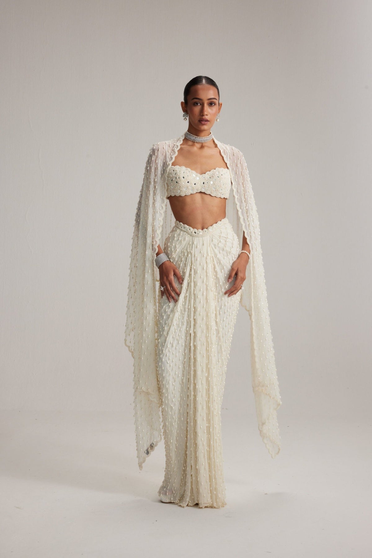 Off White Dense Drop Draped Skirt set