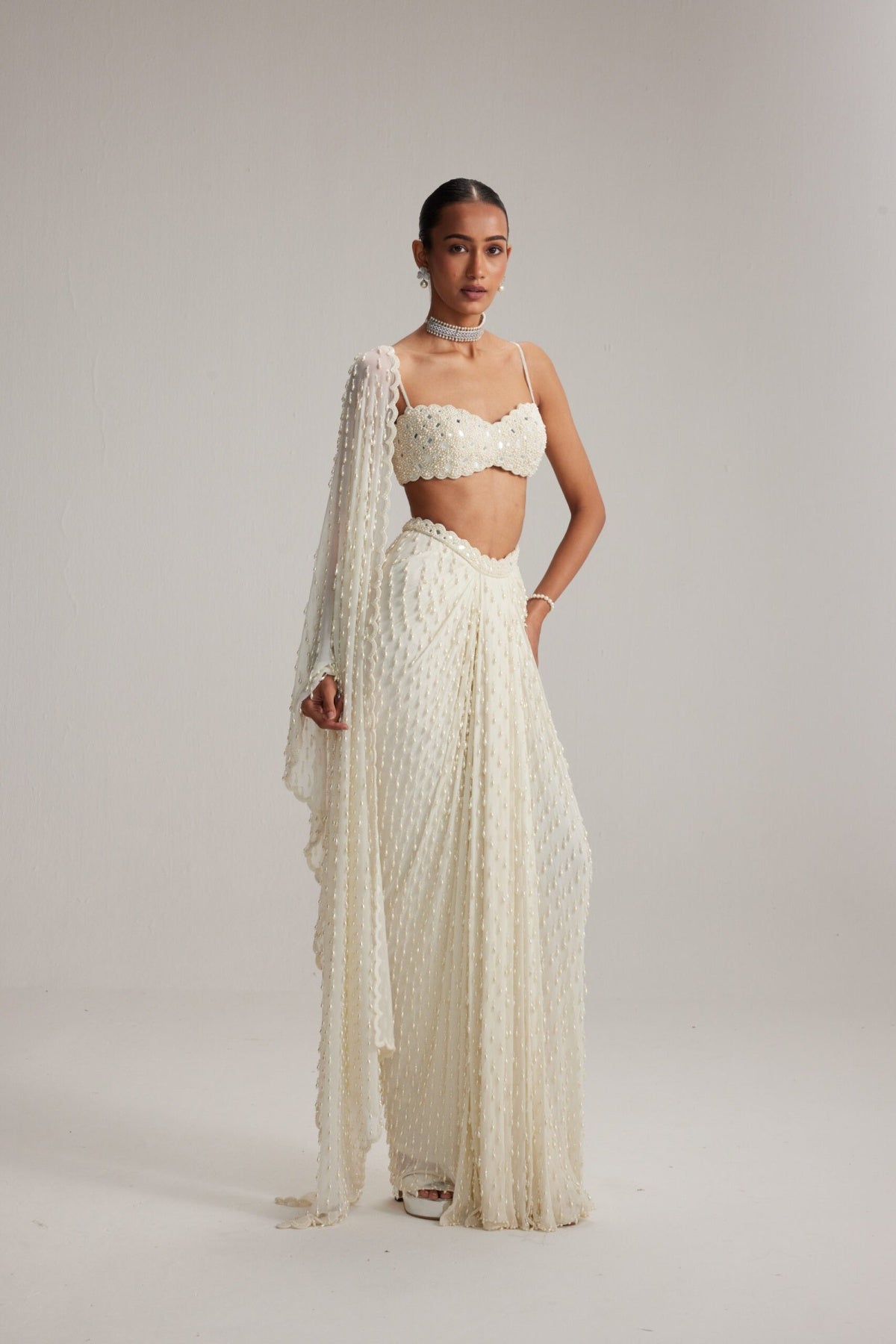 Off White Dense Drop Draped Skirt set
