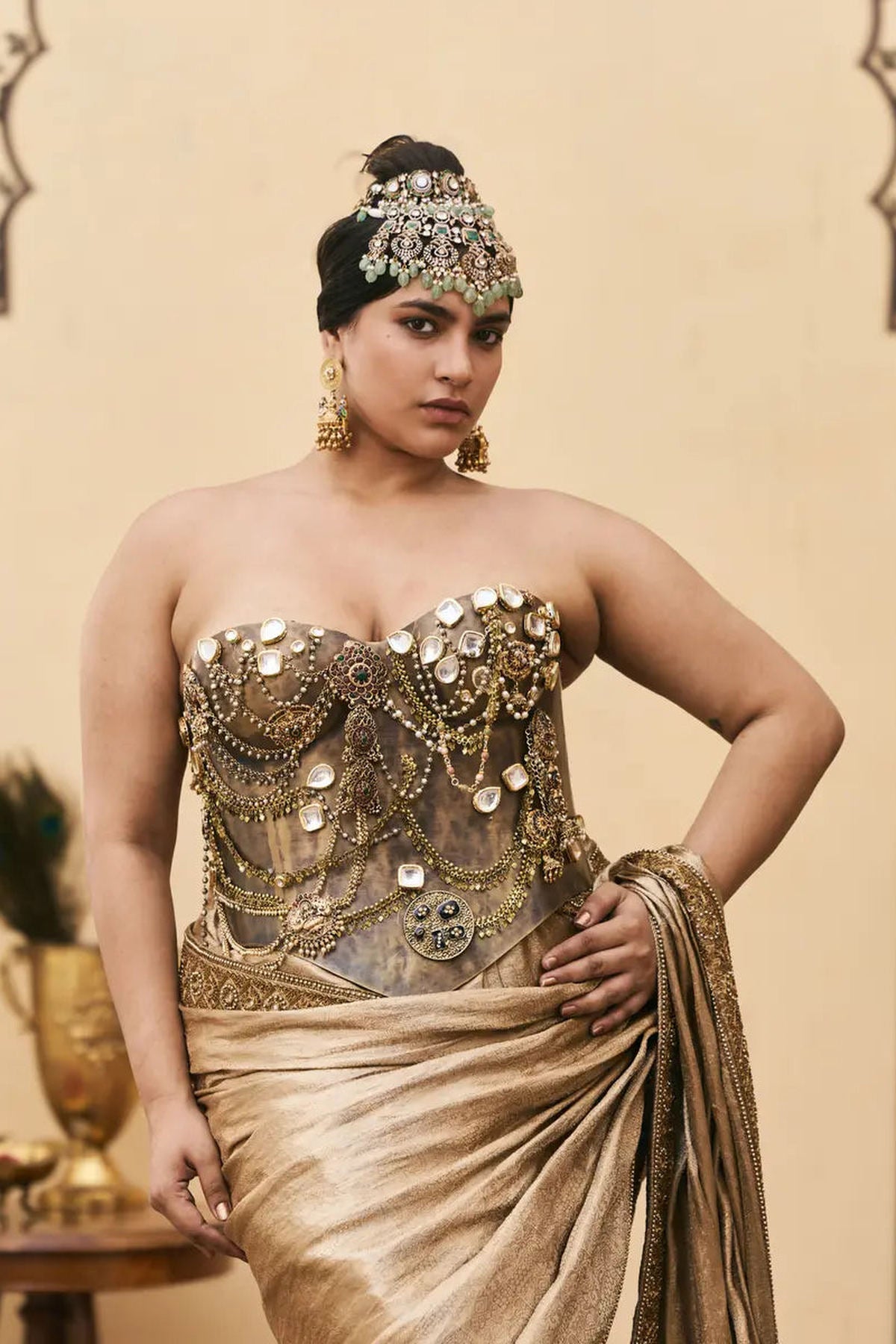 Puratan Tissue Brocade Metal Corset Saree Set