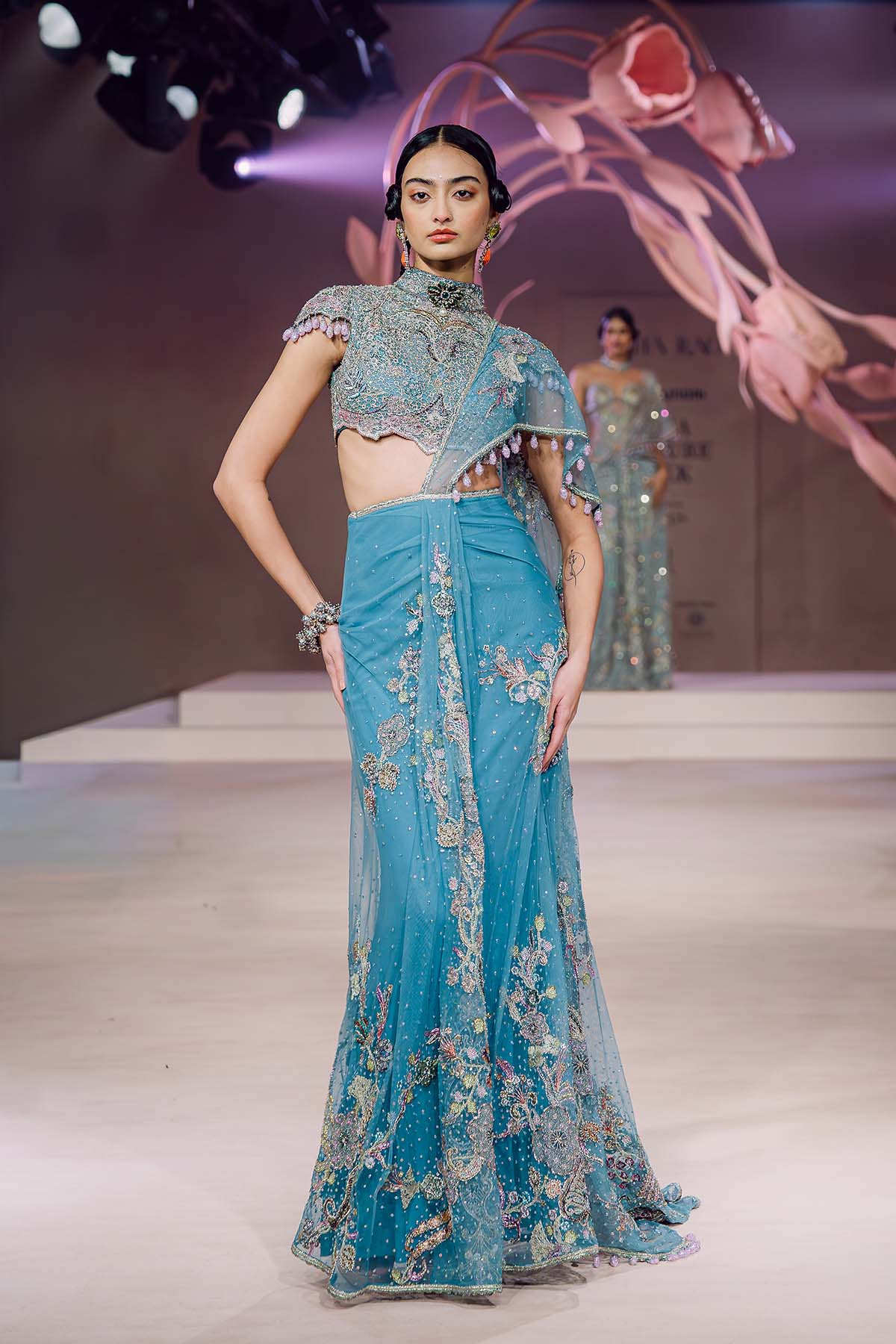 Firoza - dodger blue tulle draped saree