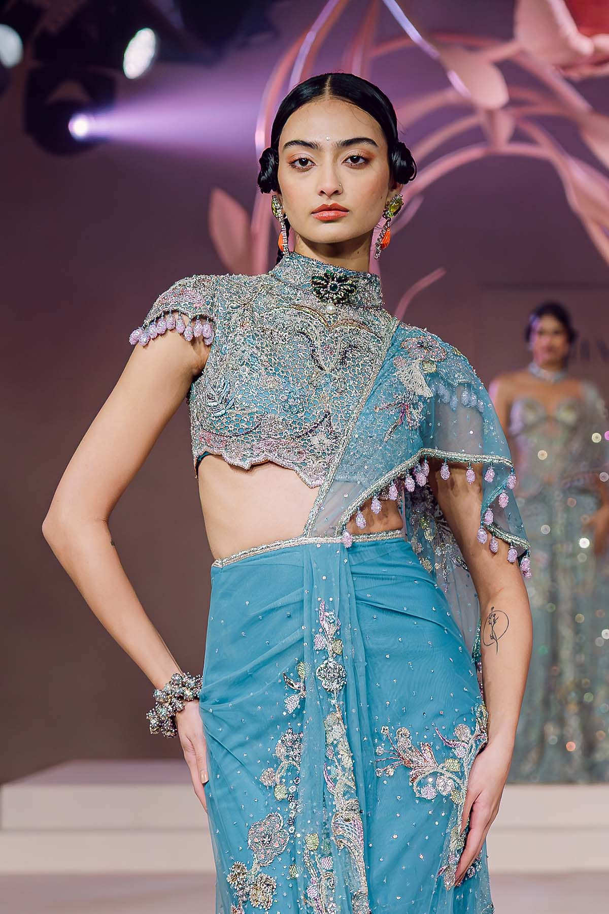 Firoza - dodger blue tulle draped saree
