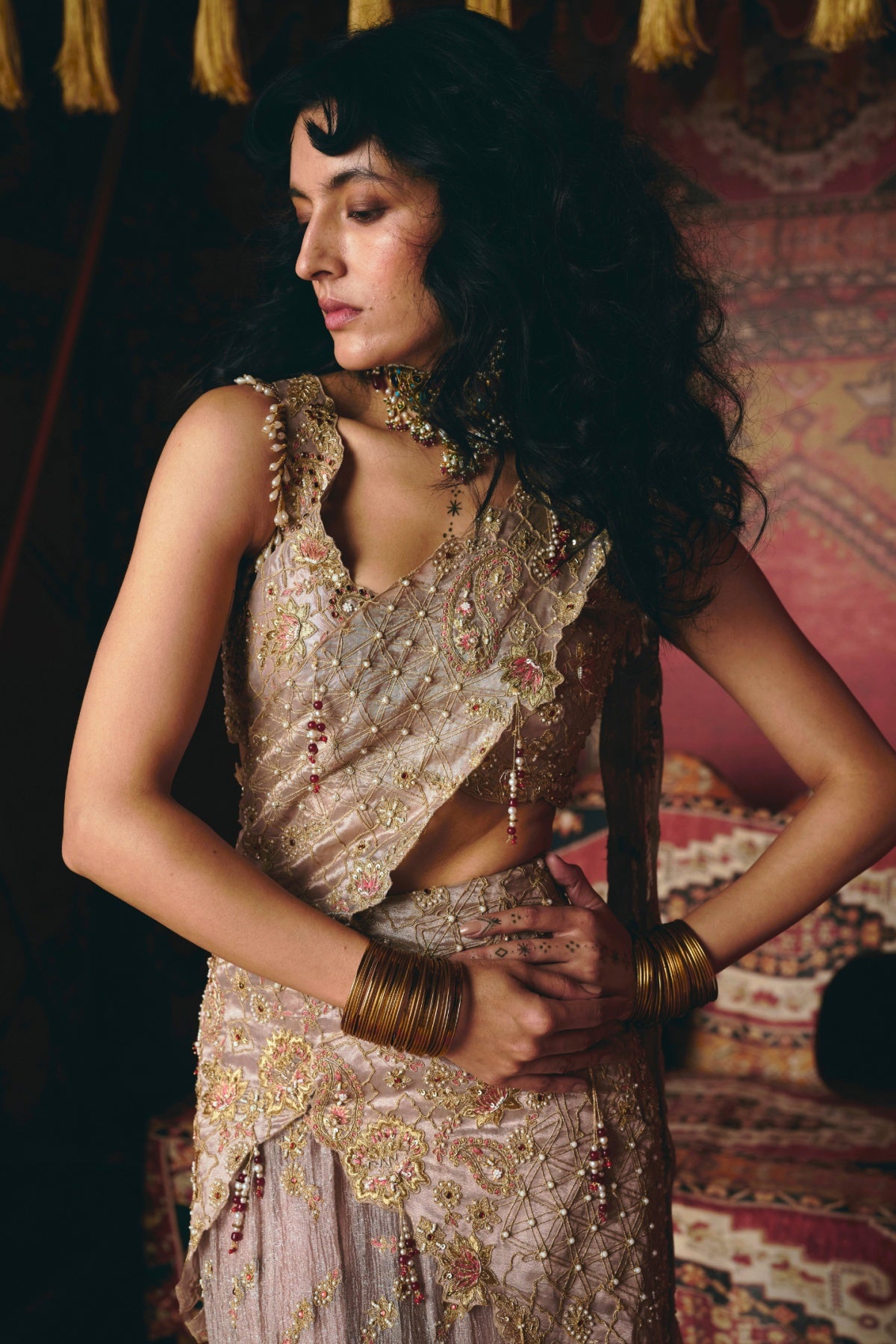 Rose Gold Drape Saree and Blouse Set- Ready To Ship