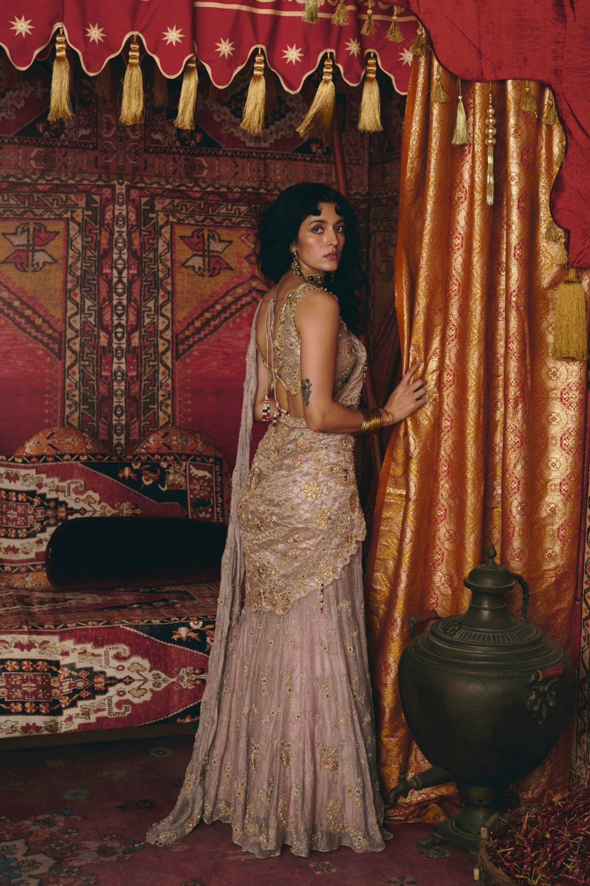 Rose Gold Drape Saree and Blouse Set- Ready To Ship