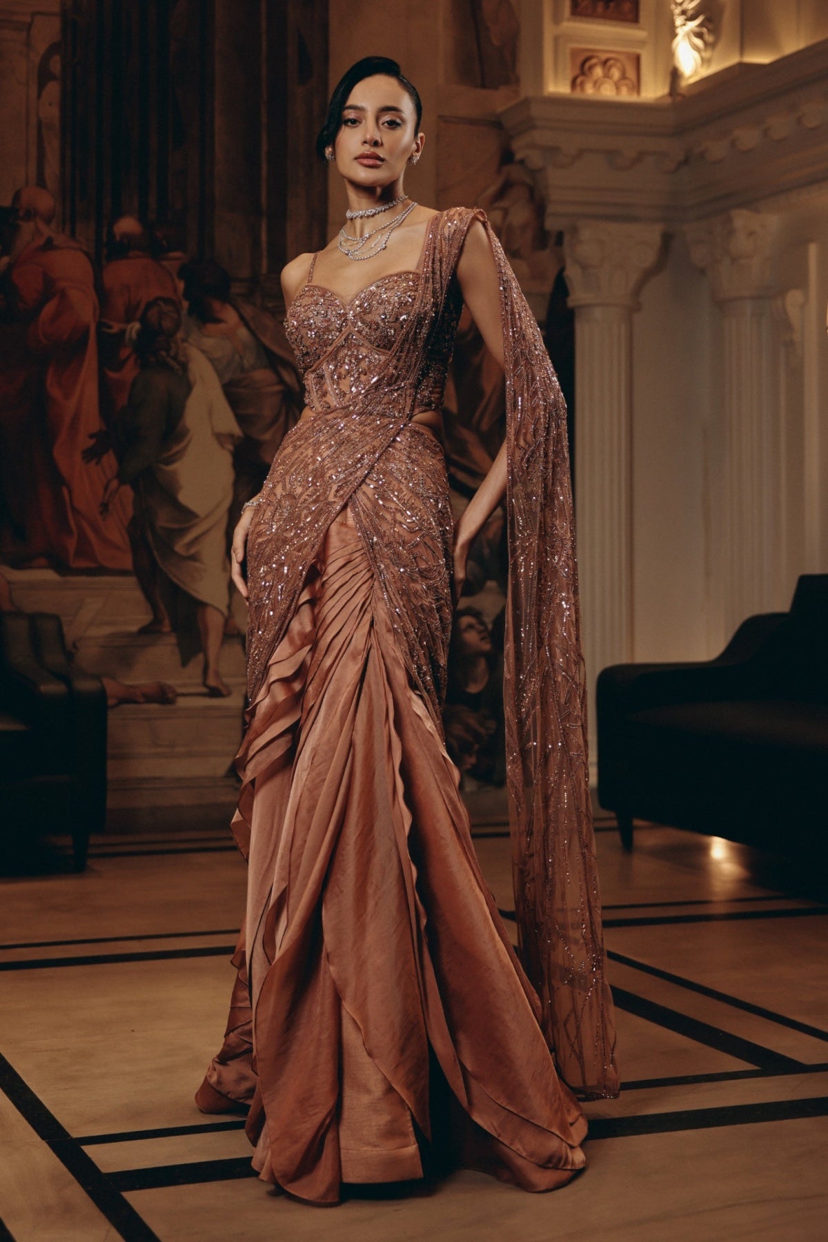 ROSE GOLD DRAPED RUFFLE SAREE - Ready To Ship