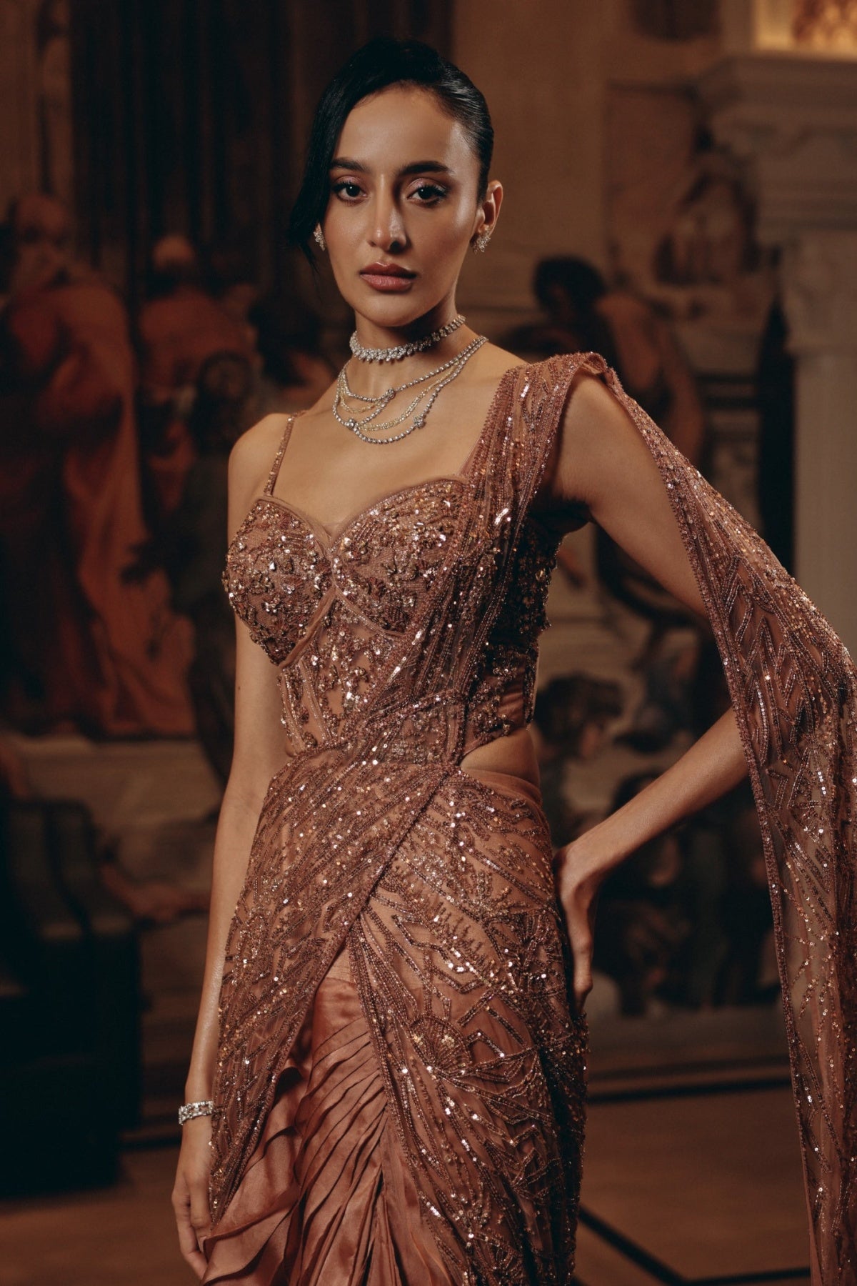 ROSE GOLD DRAPED RUFFLE SAREE - Ready To Ship