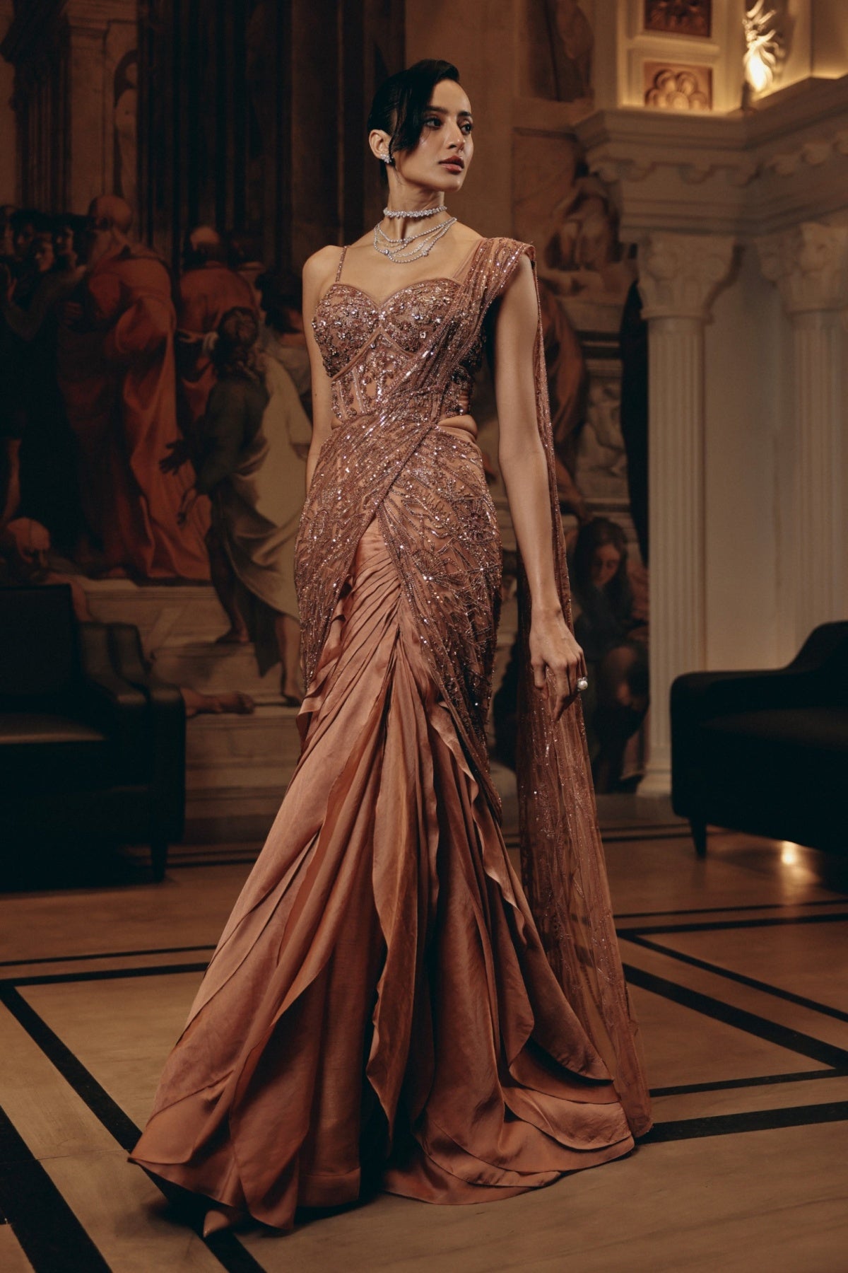 ROSE GOLD DRAPED RUFFLE SAREE - Ready To Ship